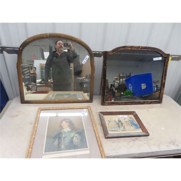 2 Wooden Framed Mirrors - 1 is 26" x 28" & 1 is 24" X 28" & 2 Pictures