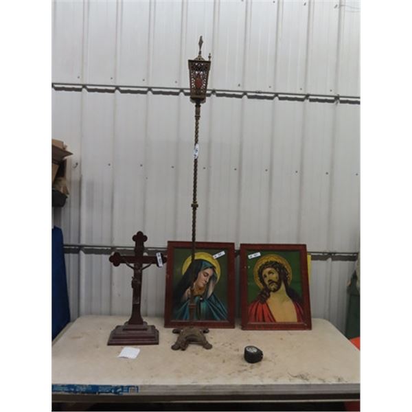 Religious Items- Brass Floor Lamp 72"Tall Jesus on The Cross Ornament 27" x 14" , & Religious Pictur