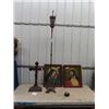 Image 1 : Religious Items- Brass Floor Lamp 72"Tall Jesus on The Cross Ornament 27" x 14" , & Religious Pictur