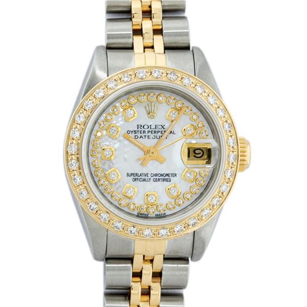 Rolex Ladies 2 Tone MOP String Diamond Oyster Perpetual Datejust Wristwatch With