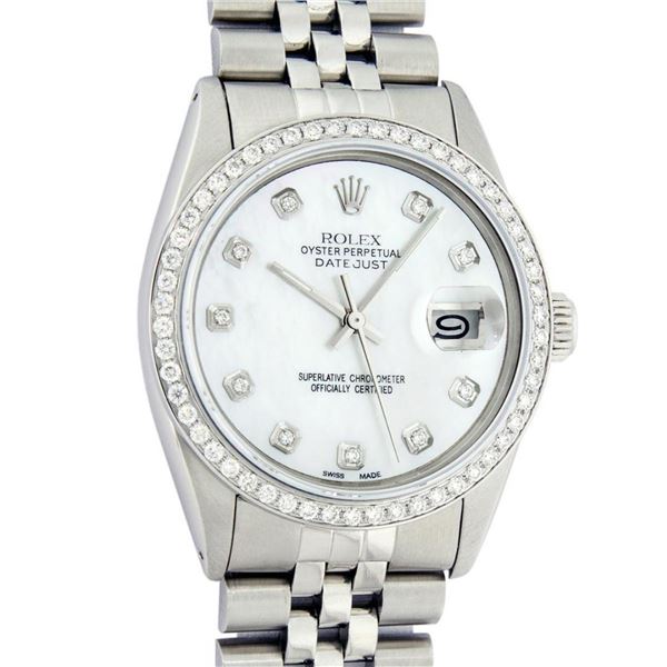 Rolex Mens Stainless Steel Mother Of Pearl Diamond 36MM Datejust Wristwatch