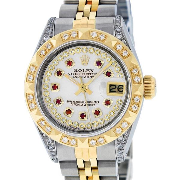 Rolex Ladies 2 Tone MOP Ruby & Pyramid Diamond Lugs Oyster Perpetual Datejust Wr
