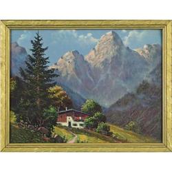 Landscape print mountains trees pines cottage #2187841