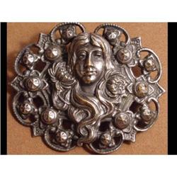 Antique Nouveau Lady FACE Repousse brooch #2188582