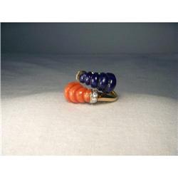 Estate 18K YG Gold Lapis Coral Diamond Ring #2233710