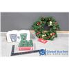 Image 1 : Christmas Wreath; NIB Box Holiday Mugs & (9) Green Candles