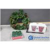 Christmas Wreath; NIB Box Holiday Mugs & (9) Green Candles