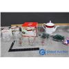 Porcelain Tea Pot; (3) Cute Glass Christmas Mugs; Christmas Candy Dishes; Plastic Serving Trays