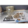 Image 1 : Vintage Shortening Pail w/Cast Iron Wall Fixtures & Decor Items