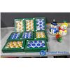 Gold & Blue Glass Tree Ornaments & (2) Ceramic Snowmen