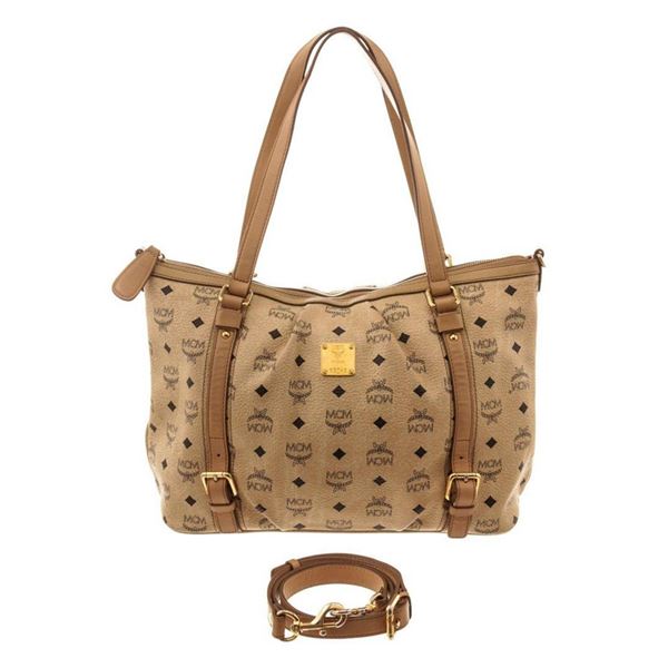 MCM Beige Canvas Leather Tote Bag