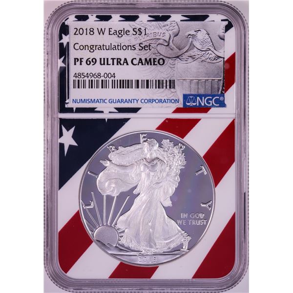 2018-W $1 Proof American Silver Eagle Coin NGC PF69 Ultra Cameo Congratulations Flag