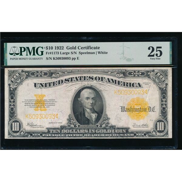 1922 $10 Gold Certificate PMG 25