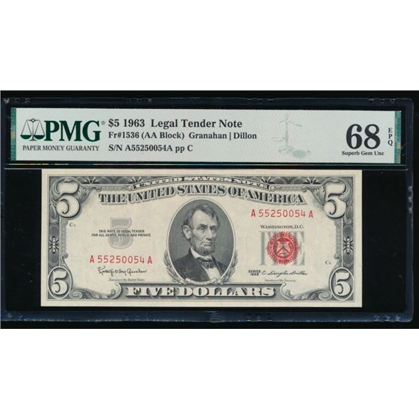 1963 $5 Legal Tender Note PMG 68EPQ