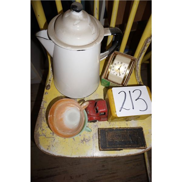 Old Jug, Cups, Old Metal Truck, Alarm Clock and Carborundum