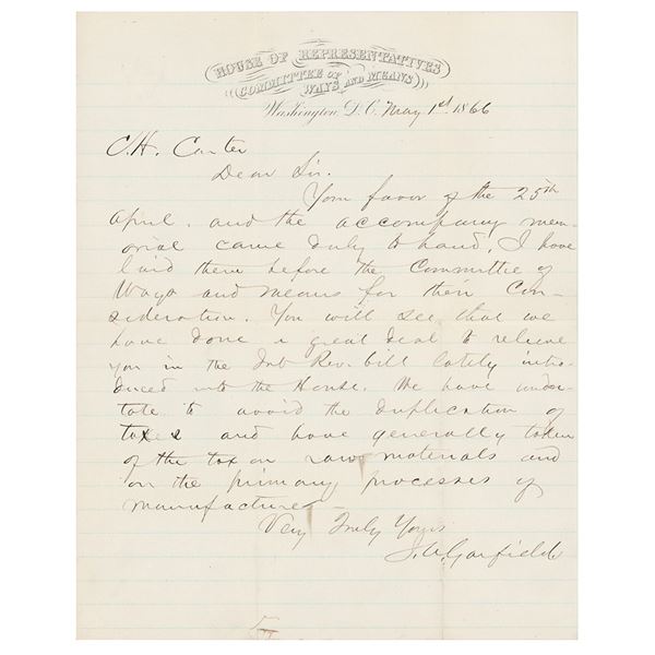 James A. Garfield Autograph Letter Signed