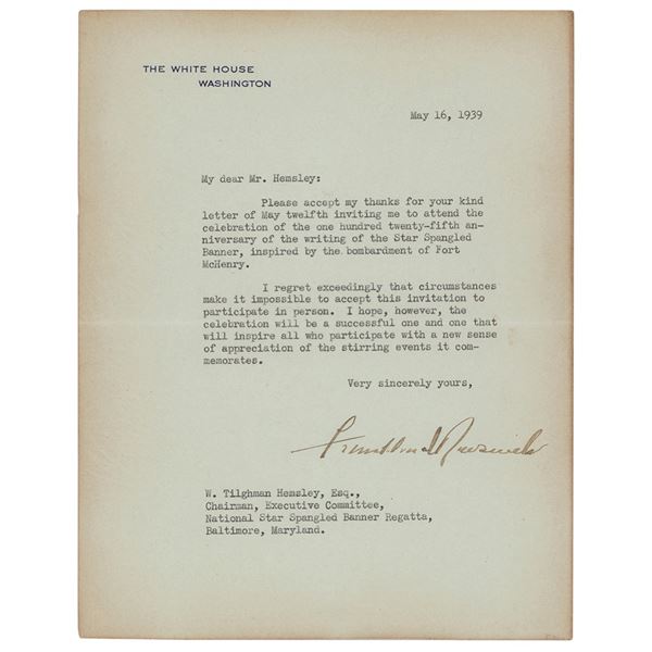 Franklin D. Roosevelt Typed Letter Signed as President on Star Spangled Banner