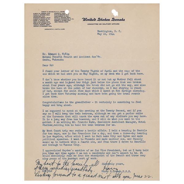 Harry S. Truman Typed Letter Signed