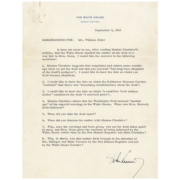 John F. Kennedy Typed Memo Signed as President