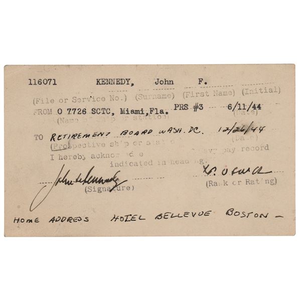 John F. Kennedy Signed Navy Retirement Card