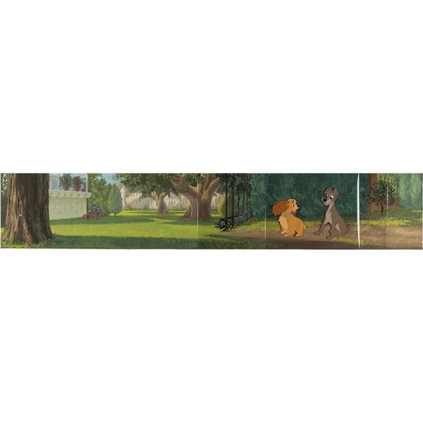 Lady and Tramp production cels on a panoramic master background from Lady and the Tramp