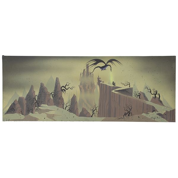 Eyvind Earle concept panorama storyboard painting of Prince Philip, Samson, and Maleficent from Slee