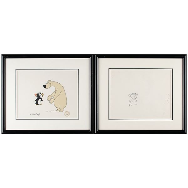 Chilly Willy and Maxie the Polar Bear production cel and drawing from A Gooney Is Born signed by Wal