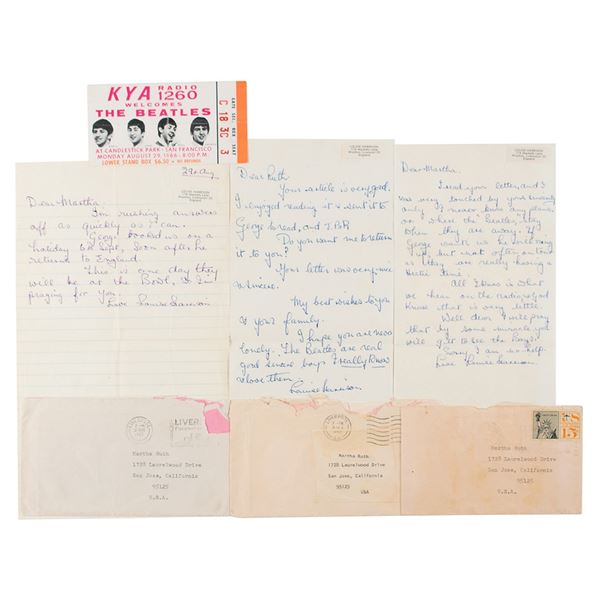 Louise Harrison (3) Autograph Letters Signed and a Beatles 1966 Candlestick Park Ticket Stub