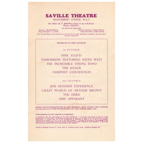 Jimi Hendrix Experience: September 1967 Saville Theatre Traffic Program