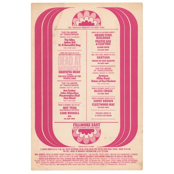 The Who and Grateful Dead 1970 Fillmore East Postcard Handbill