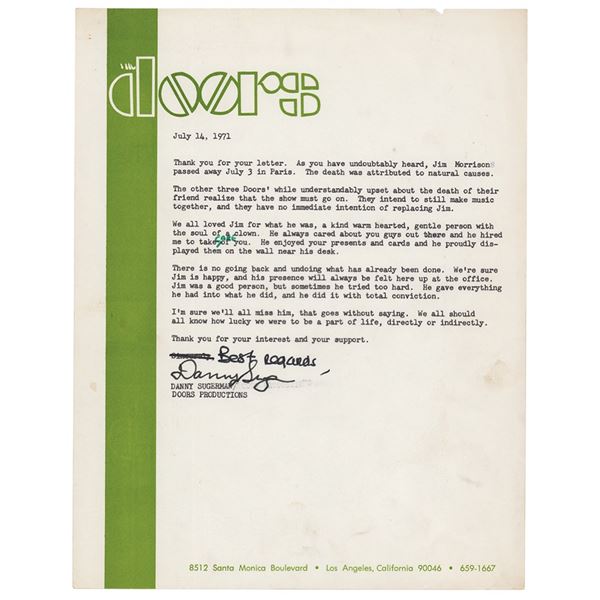 The Doors: Danny Sugerman Typed Form Letter Signed