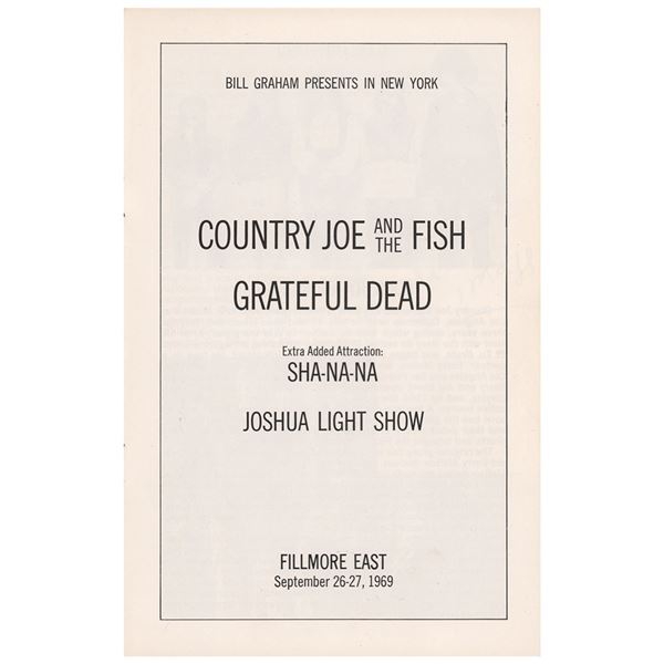 Grateful Dead and Country Joe and the Fish 1969 Fillmore East Program