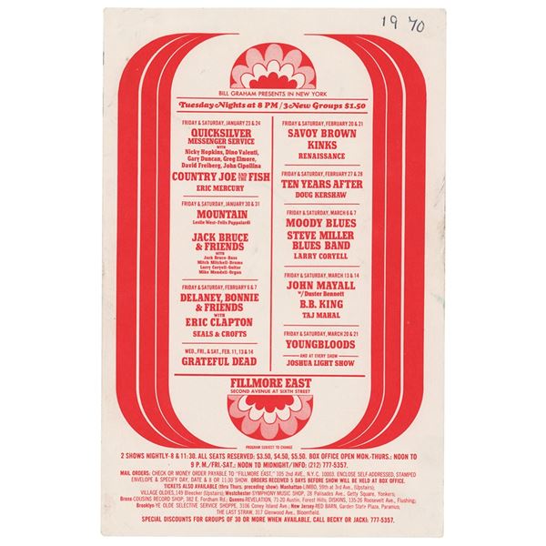 Grateful Dead and Eric Clapton 1969 Fillmore East Postcard Handbill