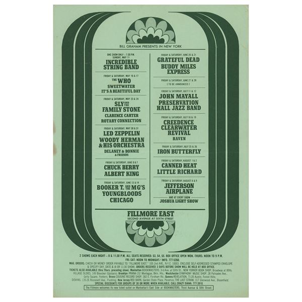 Led Zeppelin and The Who 1969 Fillmore East Postcard Handbill