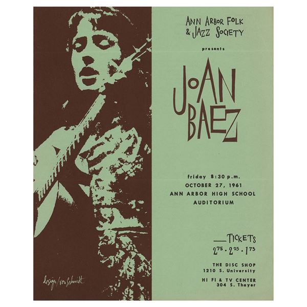 Joan Baez 1961 Ann Arbor High School Auditorium Handbill