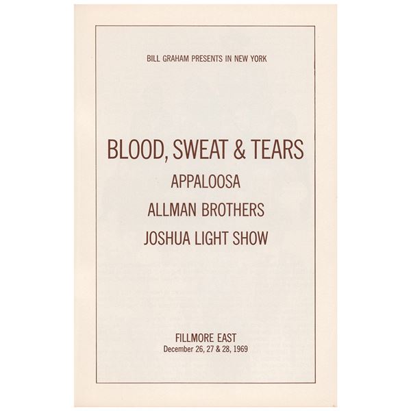 Allman Brothers and Blood, Sweat & Tears 1969 Fillmore East Program