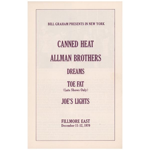 Allman Brothers and Canned Heat 1970 Fillmore East Program