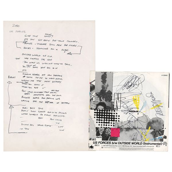 Midnight Oil Signed 45 RPM Record and Handwritten Song Lyrics by Peter Garrett