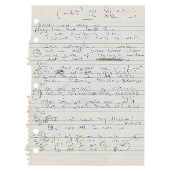 Dee Dee Ramone Handwritten Lyrics for 'It's Not for Me to Know'