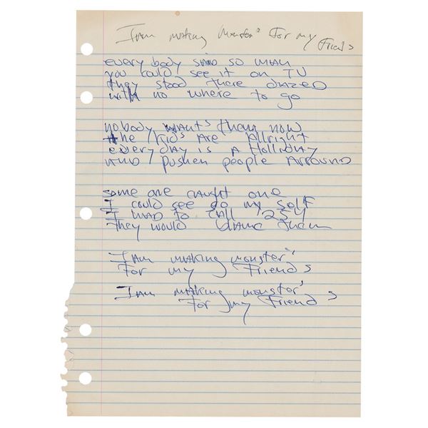 Dee Dee Ramone Handwritten Lyrics for 'Makin Monsters for My Friends'