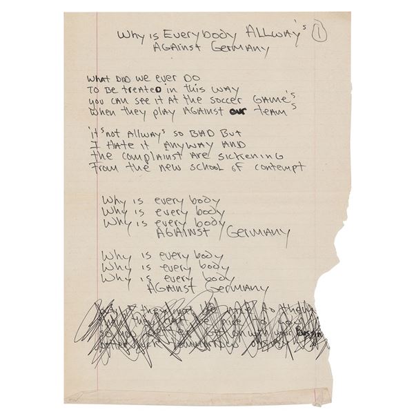 Dee Dee Ramone Handwritten Lyrics for 'Why Is Everybody Always Against Germany'