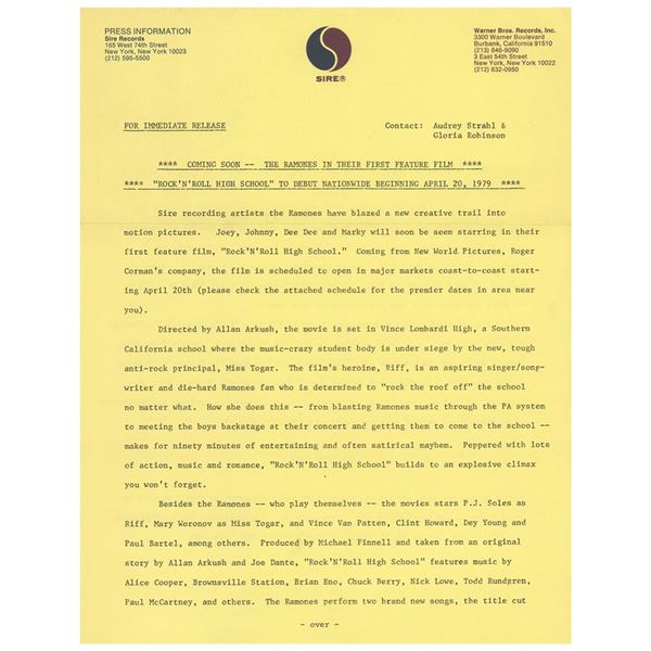Ramones 1977 Press Kit and Rock 'N' Roll High School Press Release