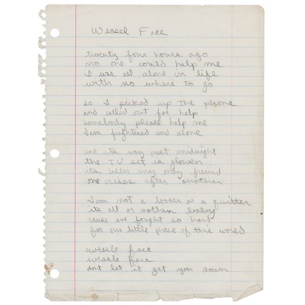 Ramones Handwritten Lyrics for 'Weasel Face'