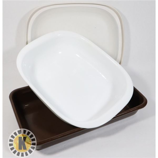 BROWN OVEN PAN WITH WHITE PYREX LIDDED DISH