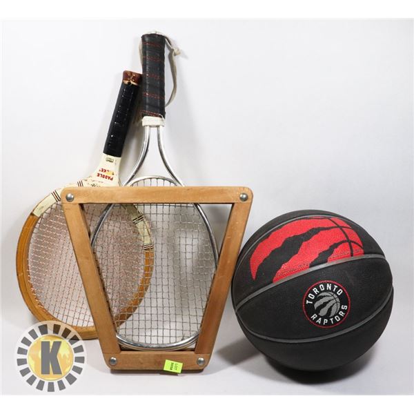 TWO TENNIS RACKETS SOLD WITH SPALDING BASKET BALL