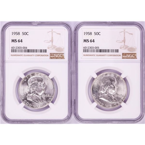 Lot of (2) 1958 Franklin Half Dollar Coins NGC MS64