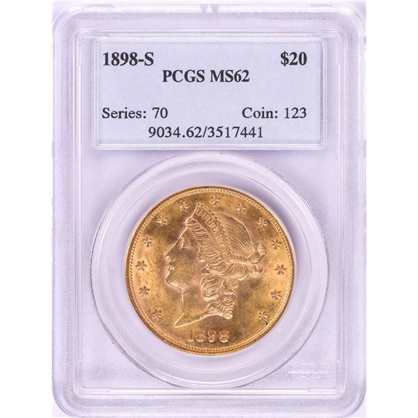 1898-S $20 Liberty Head Double Eagle Gold Coin PCGS MS62