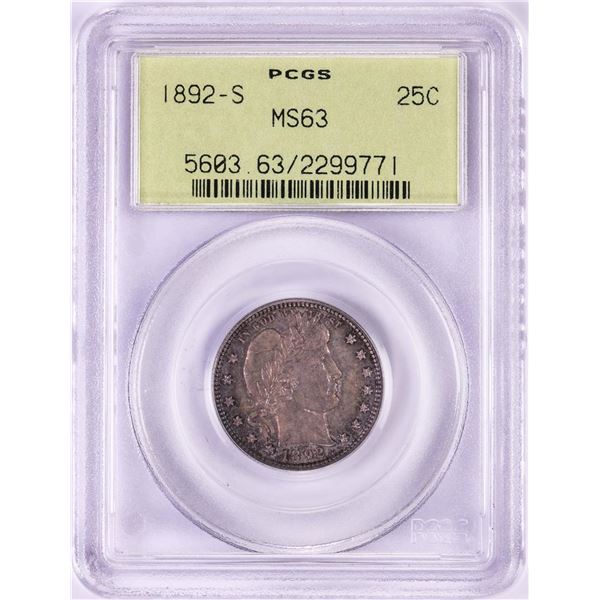 1892-S Barber Quarter Coin PCGS MS63 Old Green Holder