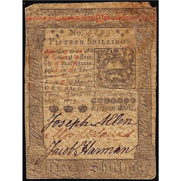 October 1, 1773 Pennsylvania Fifteen Shillings Colonial Currency Note