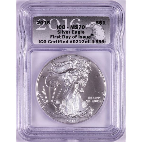 2016 $1 American Silver Eagle Coin ICG MS70 First Day of Issue